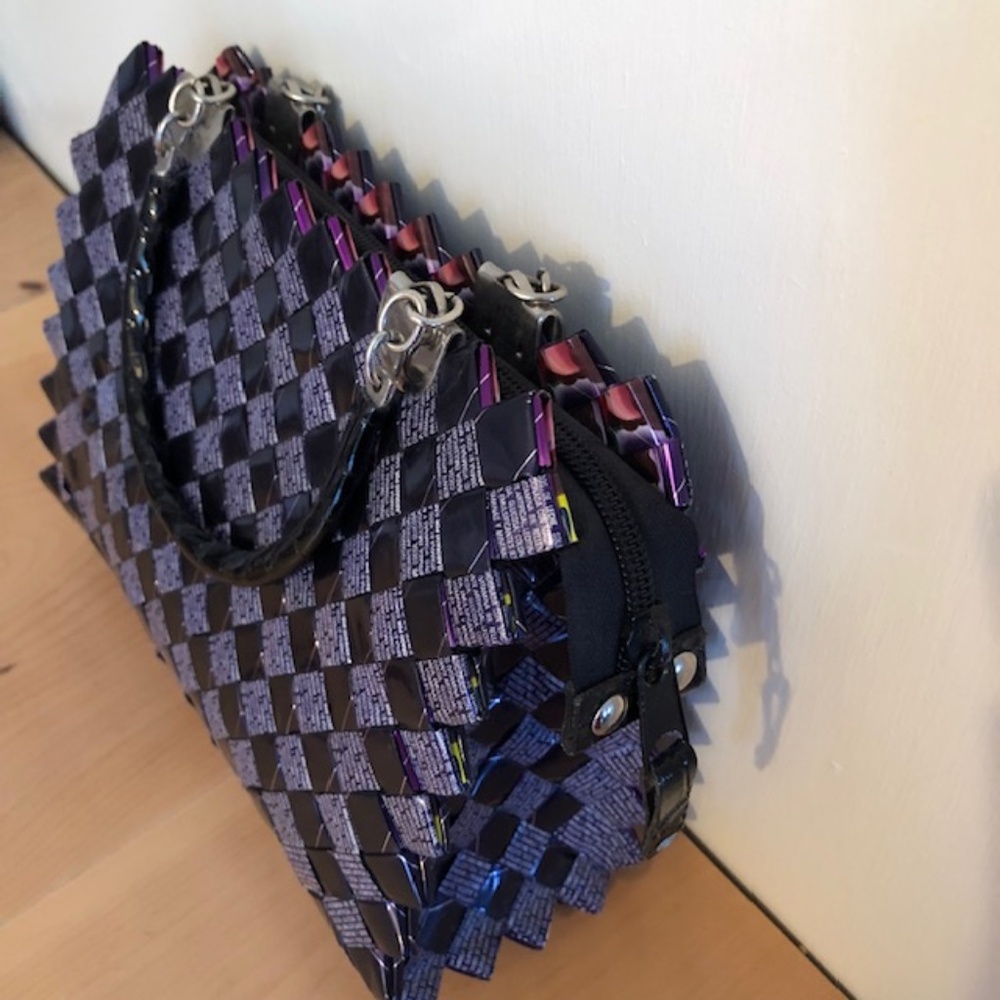 Nahui Ollin Purple Recycled Candy Wrapper Bag with Handles - Picture 2 of 13